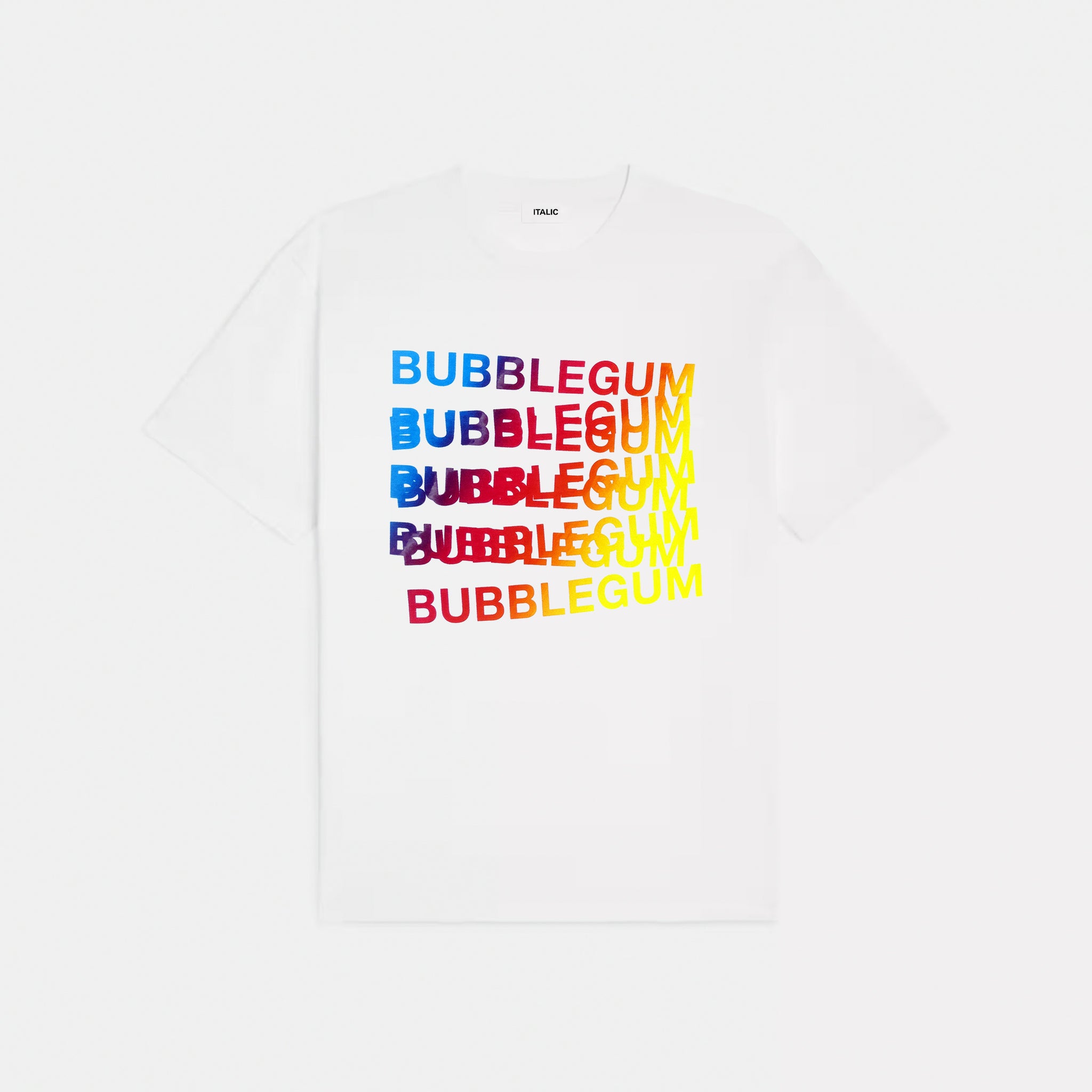 White t-shirt with colorful 'BUBBLEGUM' text on a white background