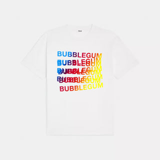 White t-shirt with colorful 'BUBBLEGUM' text on a white background