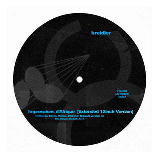 Black vinyl record label with blue text and graphics on a white background