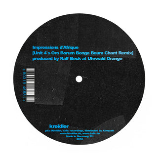Black vinyl record label with blue text and graphics on a white background