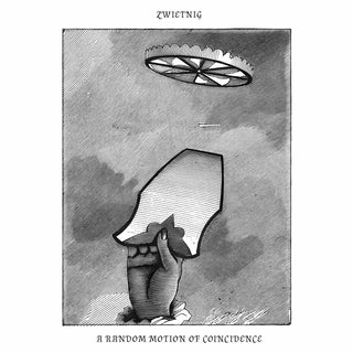 Black and white illustration of a UFO and mushroom cloud with text 'ZWIETNIG' and 'A RANDOM MOTION OF COINCIDENCE'.