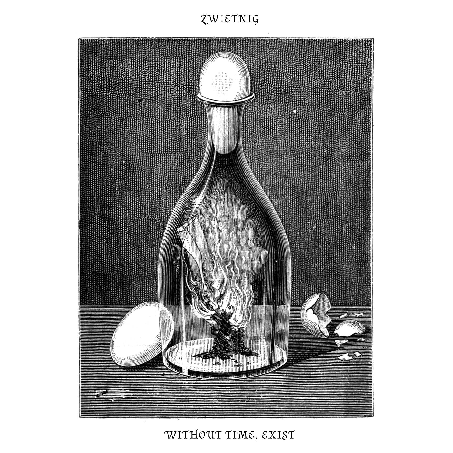 Black and white illustration of a bottle with a small creature inside, surrounded by eggs and shells.