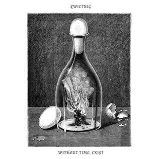 Black and white illustration of a bottle with a small creature inside, surrounded by eggs and shells.